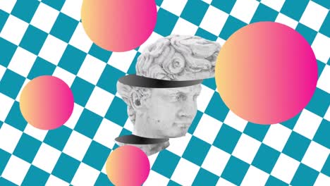 Animation-of-antique-head-sculpture,-pink-and-yellow-balls-on-blue-and-white-checkered-background