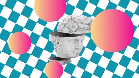 animation of antique head sculpture, pink and yellow balls on blue and white checkered background