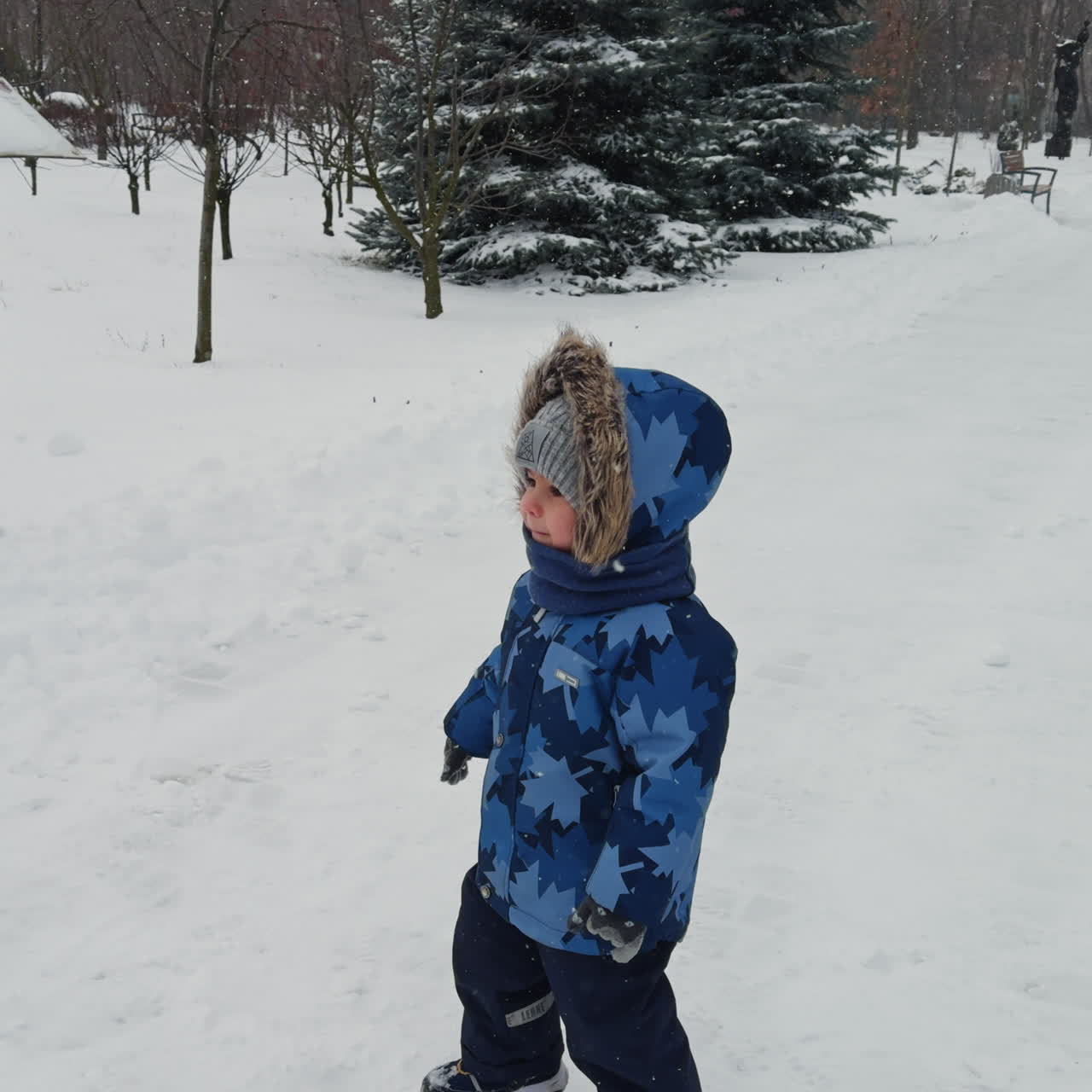 Caucasian baby wearing blue coat with fur hood walks outdoor, speaks and points at something. Walk in the park in winter.
