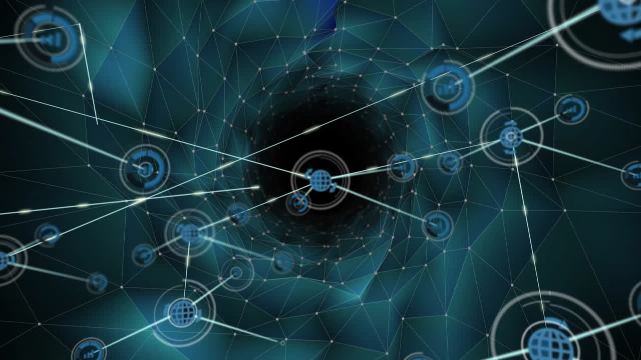 Network of connections and data processing animation over geometric background