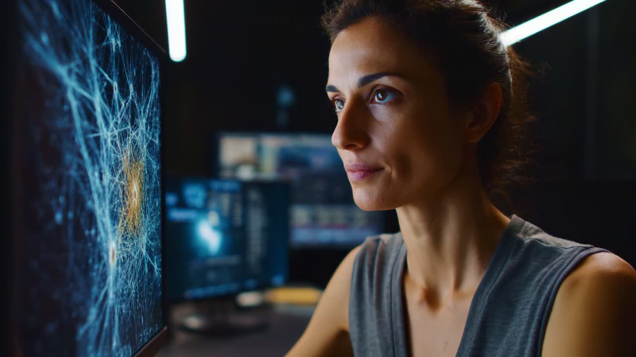 Focused Female Researcher Analyzing Complex Data Patterns on Computer Screens in Modern High-Tech Environment