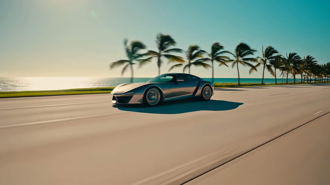 Silver Sports Car Driving on a Scenic Coastal Road with Palm Trees