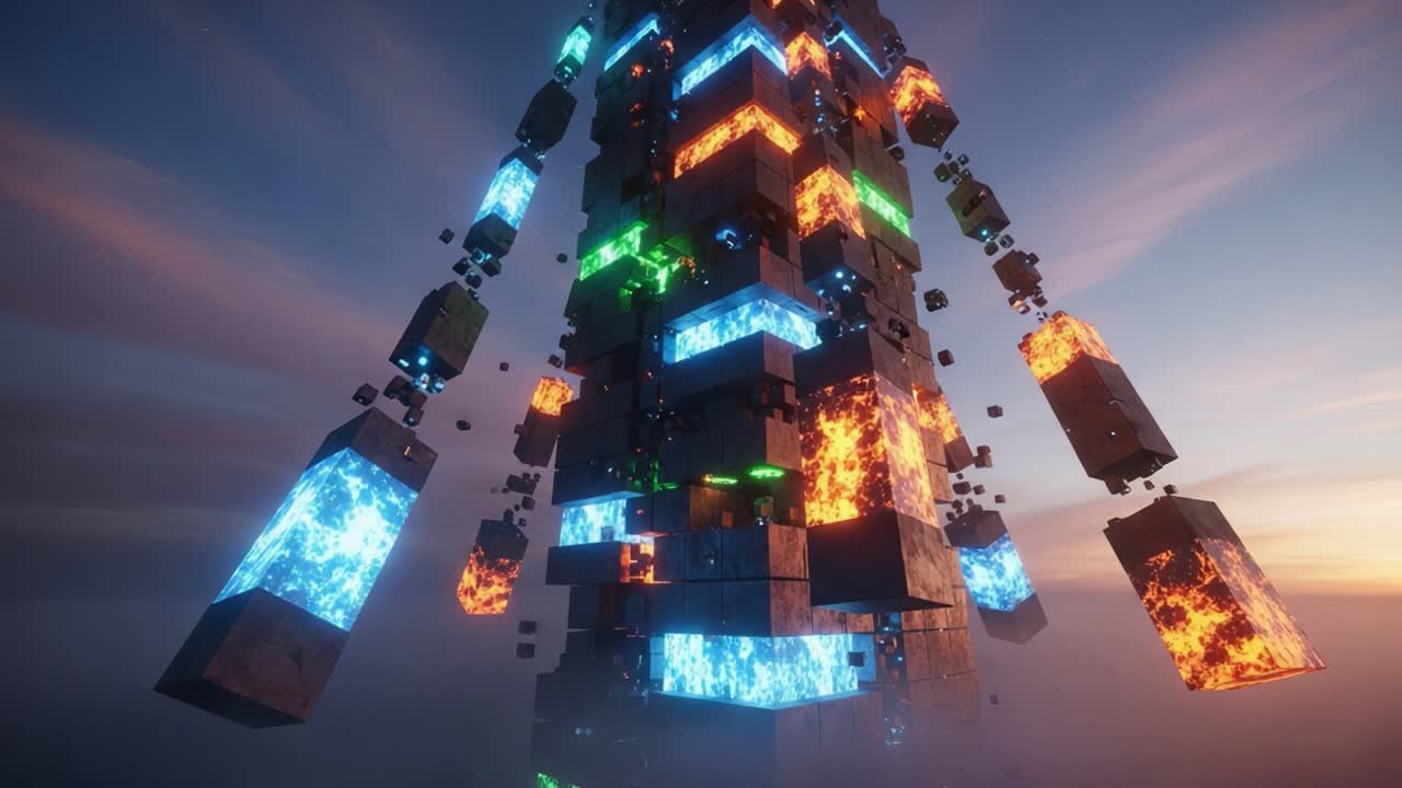 A Stunning Visual Representation of a Tower Constructed from Dynamic Blocks with Vibrant Colors and Glowing Elements Against a Dramatic Sky