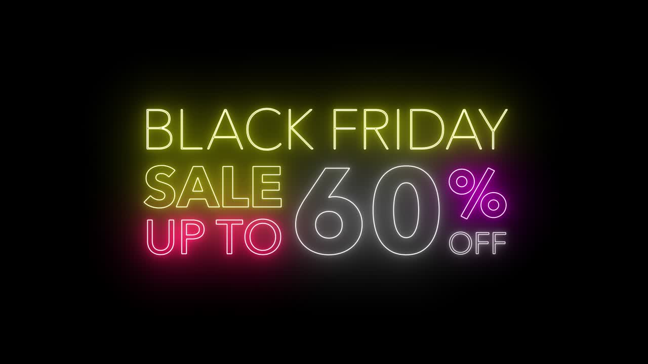 블랙 프라이데이 세일 (black friday sale) 의 애니메이션 플래싱은 백분의 1까지 할인됩니다. 흑색 배경의 다채로운 네온 블레이즈 표지 모션 배너를 프로모션 비디오에 사용합니다. 프로모션 브랜드 세일 시리즈의 개념은 10-90%입니다.