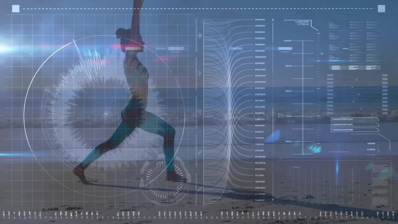 Woman stepping onto beach activating holographic fitness graph interface lunging and raising arms