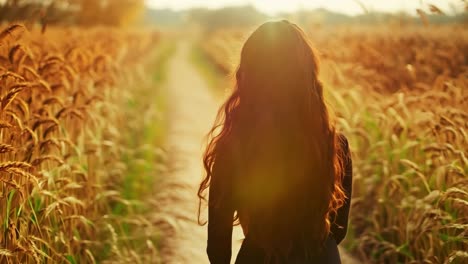 a woman walking down a dirt road in a field of tall grass