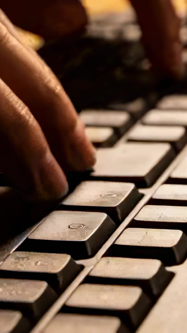 Video vertikal: Ujung jari menekan tombol, tangan mengetik dan meluncur di keyboard meja, keycap usang
