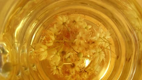 relaxing cold yellow linden herb tea in glass, handheld directly above