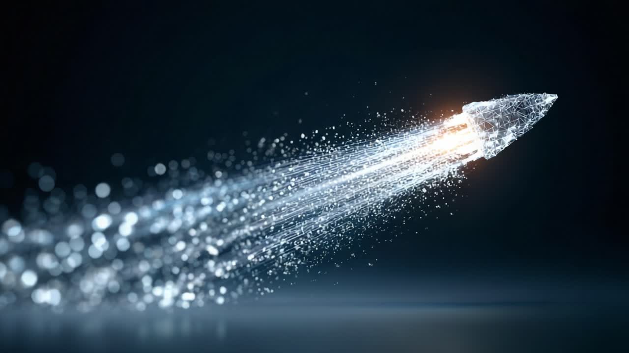 Digital rocket launching into deep space composed of glowing plexus particles and bokeh effects. Abstract animation representing innovation. Technology. Startup success. And business growth concepts