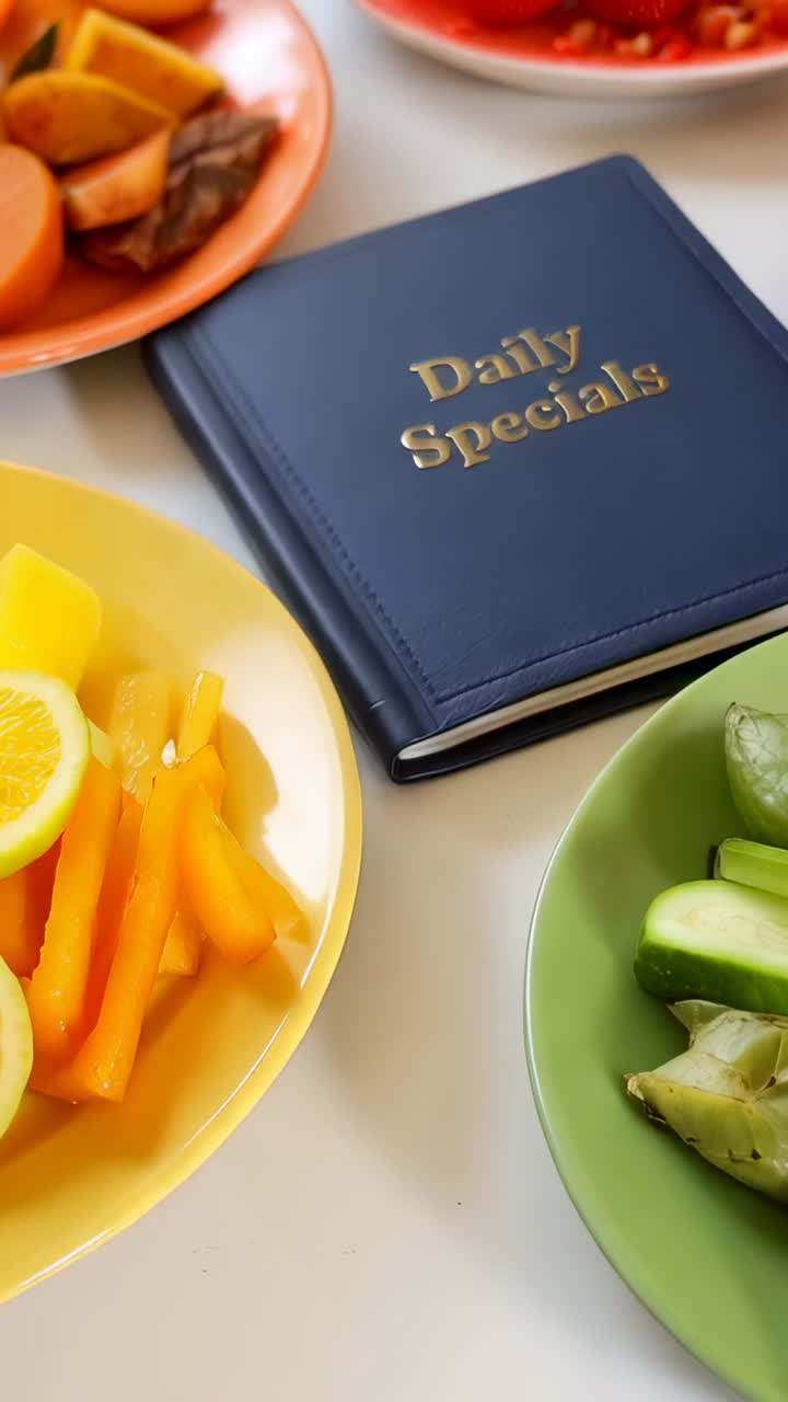 Lodret video: Zoomende kamera, der viser navy menukort på hvidt bord og afslører gyldne Daily Specials