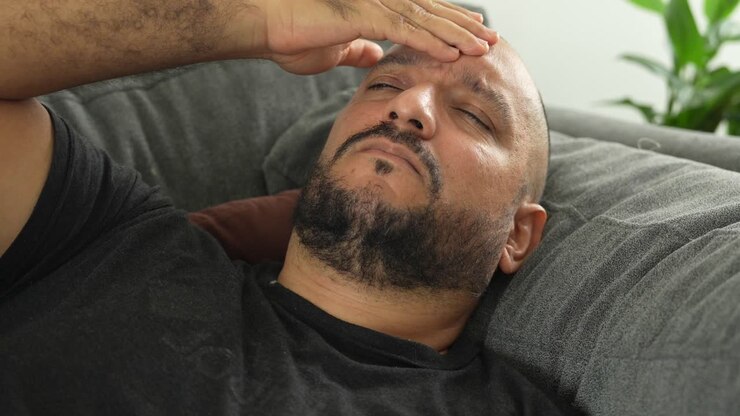 Hispanic Man, Stressed Out or Headache On Couch