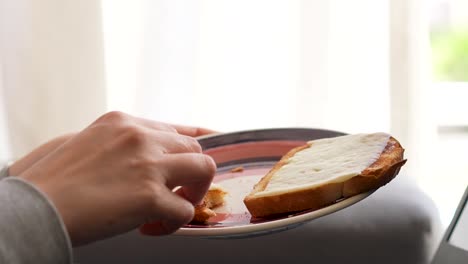 woman picking up a plate with a cheese toast while working from home