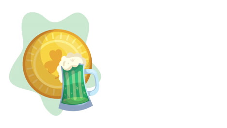 tarjeta animada del día de san patricio con cerveza y moneda