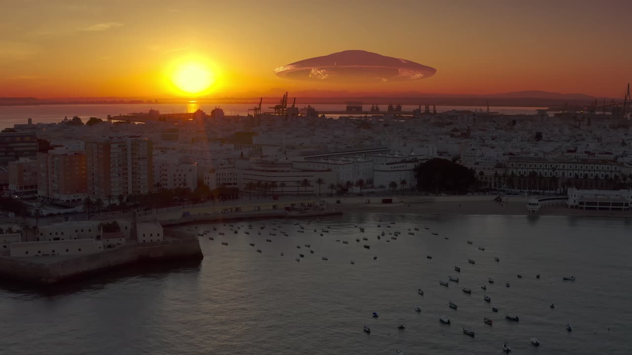 신비한 물체와 함께 해가 뜨는 도시 풍경