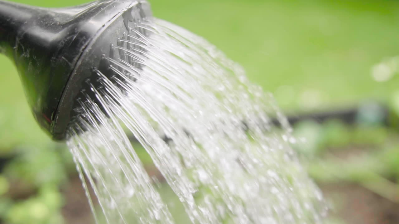 Using plastic watering can in a garden close up hose slow motion