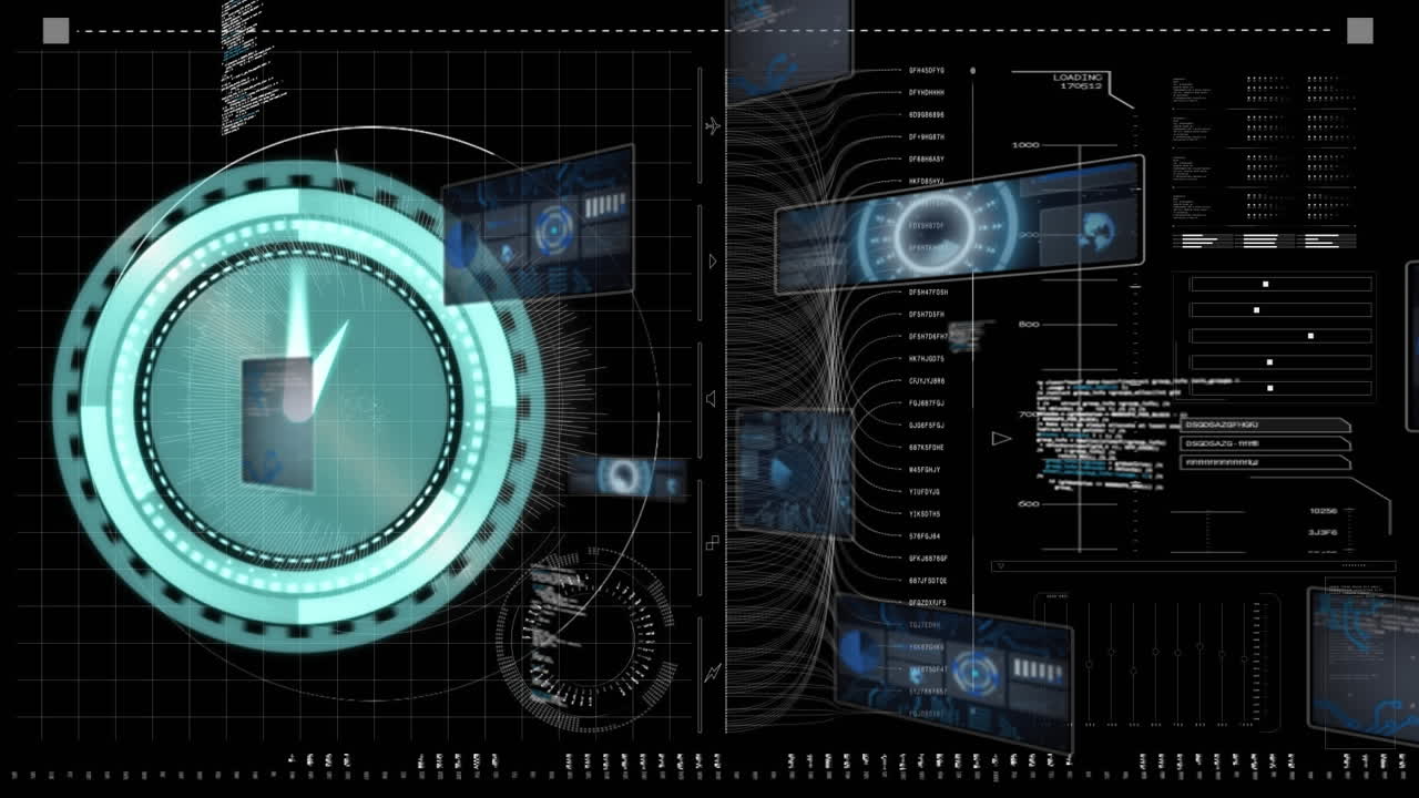 animación del reloj, escaneo de ámbitos y procesamiento de datos en pantallas con fondo oscuro