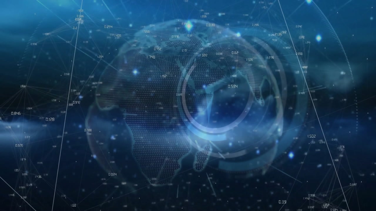 Opening wireframe globe fading and rotating Africa, connections and metrics cycling showing network
