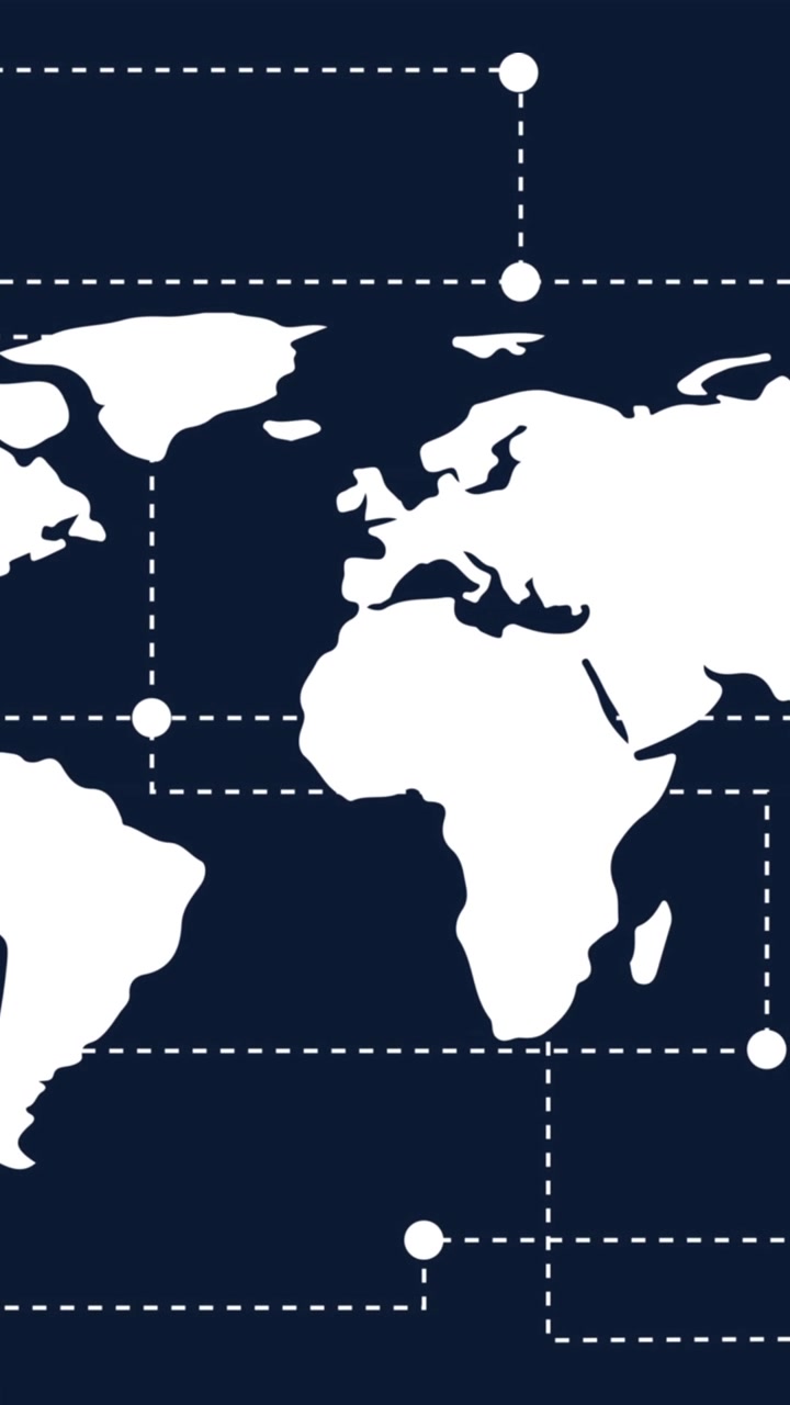 Animazione di una rete di connessioni su una mappa del mondo bianca su sfondo blu
