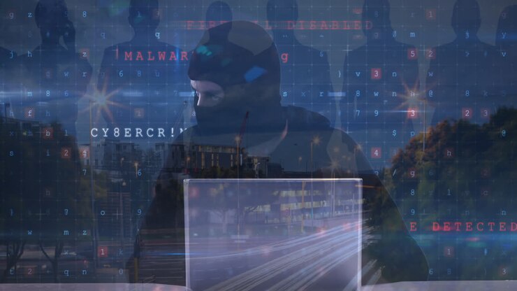 Animation of caucasian male hacker, cyber attack warning and people silhouettes over cityscape