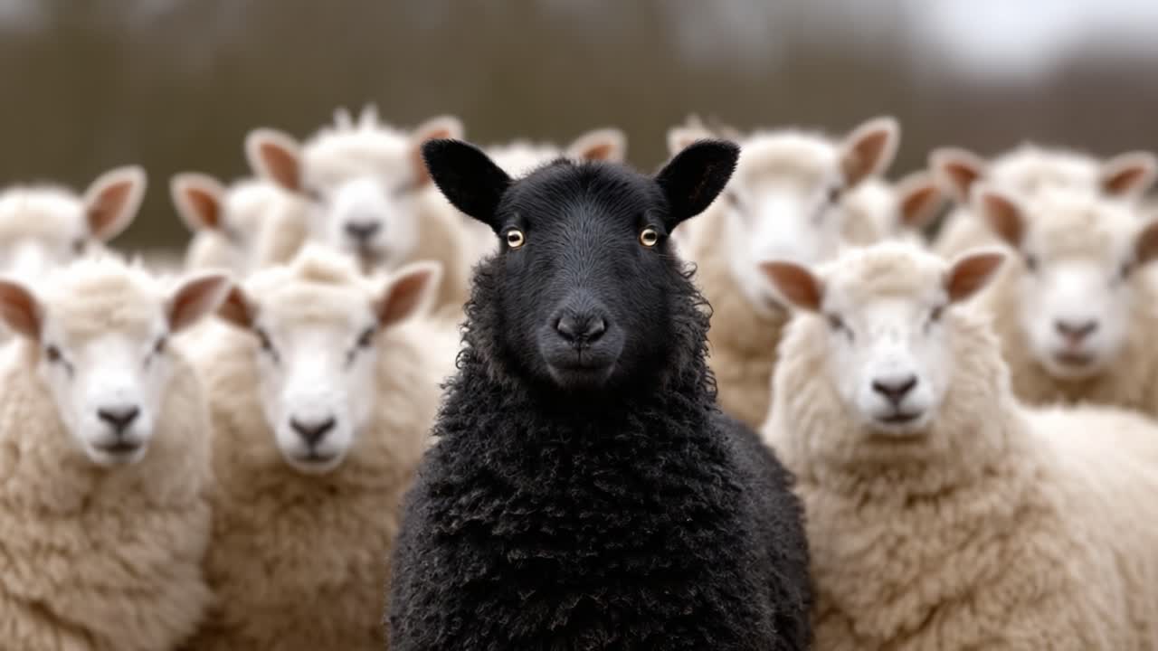 In a Field of White: A Solemn Black Sheep Stands Out Amongst Its White Companions, Emphasizing Individuality and the Beauty of Diversity in Nature