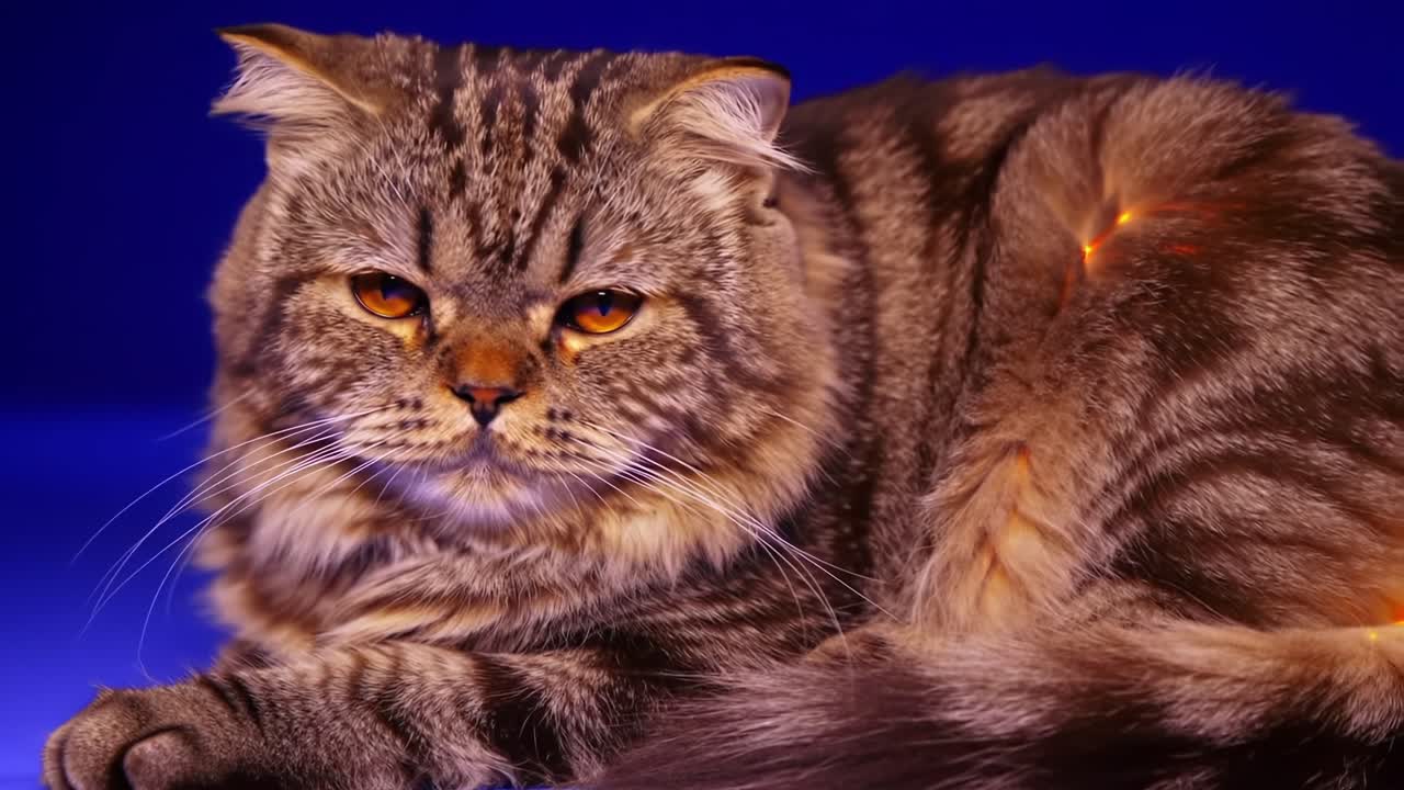 Captivating Close-Up of a Beautiful Cat in Serene Posing Against a Vibrant Blue Background, Highlighting Its Luxurious Fur and Expressive Features