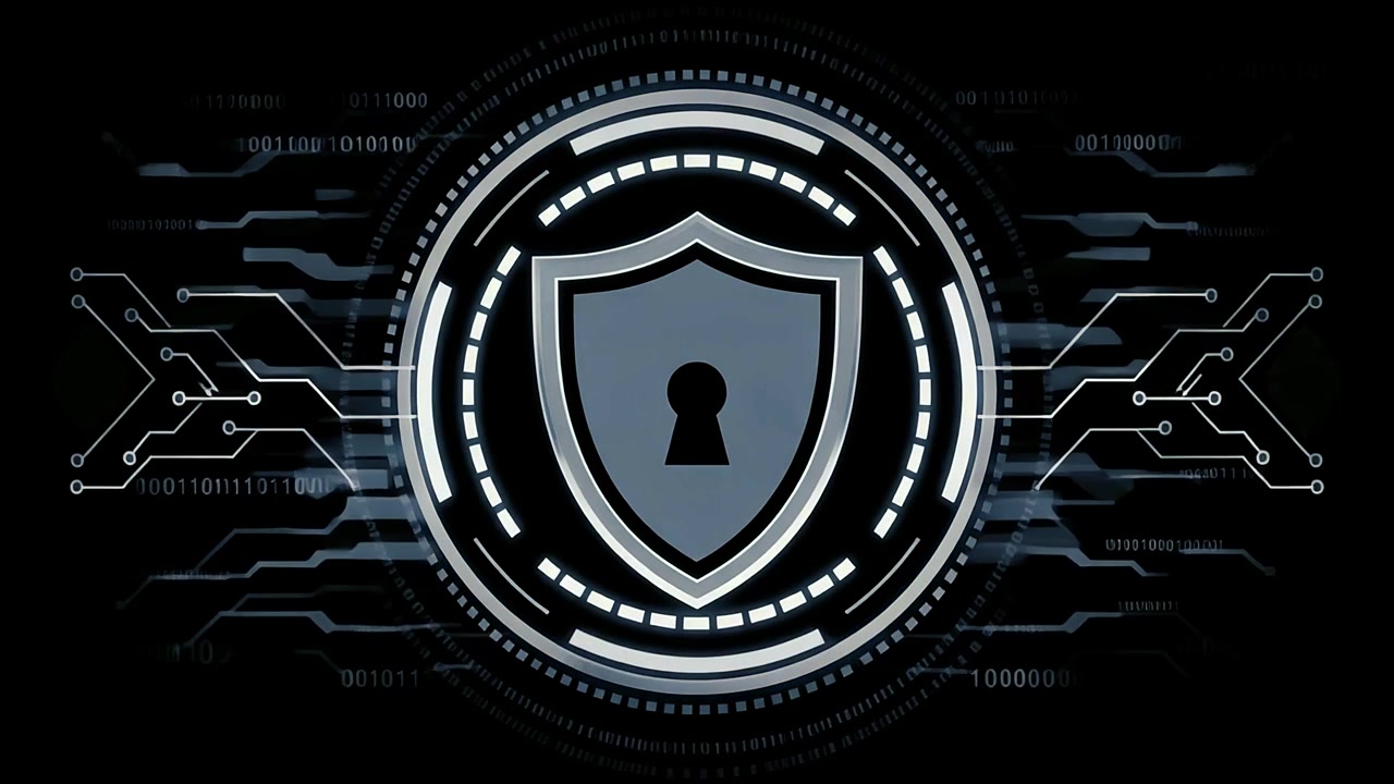 Digital Security Shield with Circuit Board and Binary Code Animation