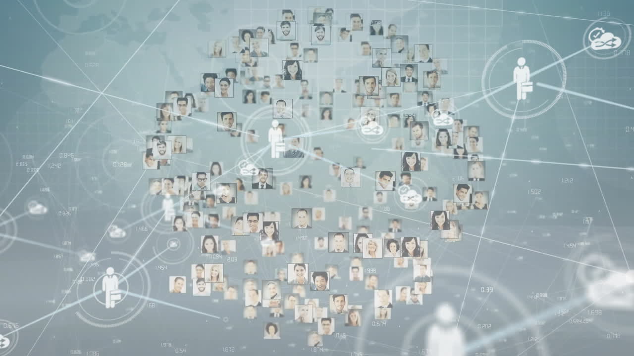 파란색 배경에 다양한 초상화를 가진 전 세계 아이콘과의 연결 네트워크의 애니메이션