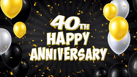 40 aniversario feliz texto negro con confeti dorado cayendo y partículas de brillo, coloridos globos voladores animación de bucle sin fisuras para el saludo, tarjeta de invitación, fiesta, celebración, festival.