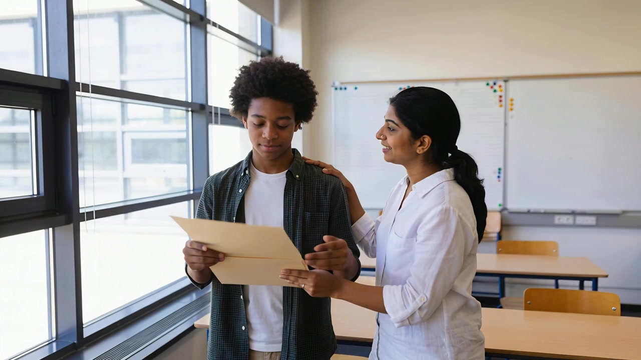 Teacher in blouse coming, touching shoulder in classroom, pointing to folder while pupil reviewing