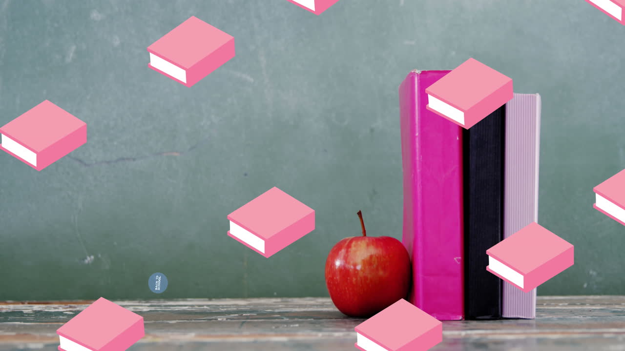 학교 아이템 아이콘과 블랙보드 위에 학교로 돌아가는 텍스트의 애니메이션