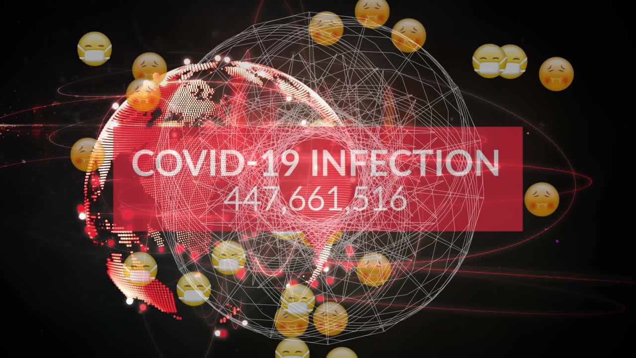 Animation of covid 19 data processing with emojis in face masks, globe and network of connections