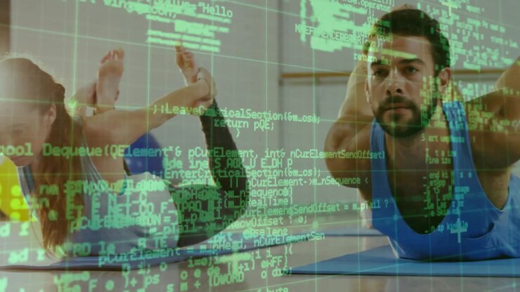 Transparent code overlay initiating yoga class participants lifting into bow pose maintaining focus