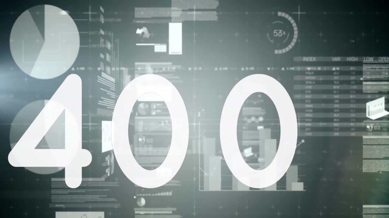 Animation of increasing number over screens with statistical data processing against grey background