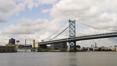 benjamin franklin bridge on a cloudy warm day over the delaware river