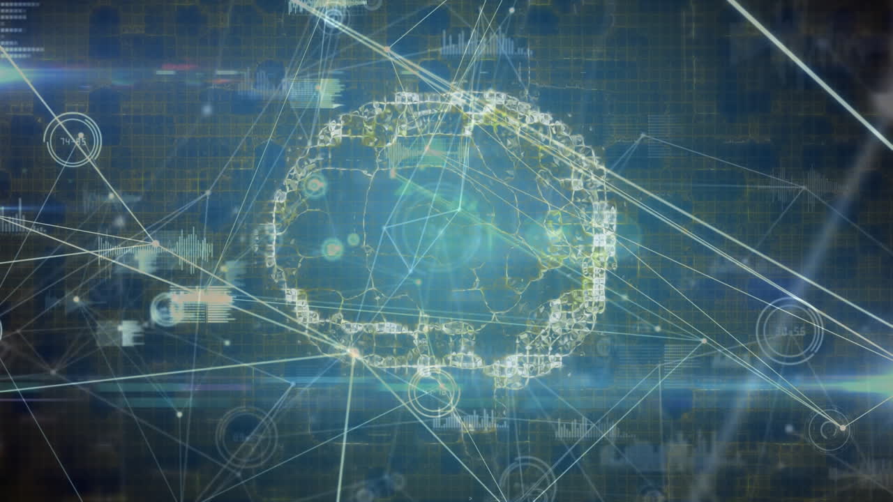 Animation of network of connections and data processing over spinning human brain icon