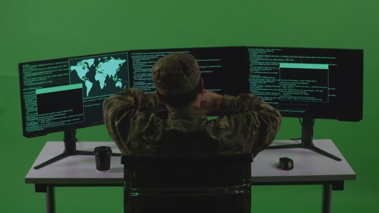Back View Of Tired Asian Man Soldier Developer Stretching While Write Code With Multiple Computer Screens In Green Screen Studio