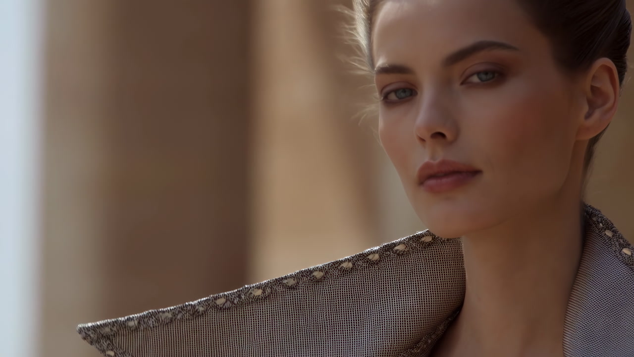 Closeup White Model In Couture Coat, Poised Editorial Portrait With Metallic Collar And Refined Makeup. Warm