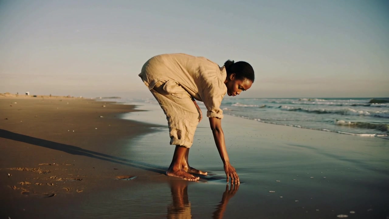 Seeing surf, barefoot woman bending and reaching, touching reflective sand on beach in beige