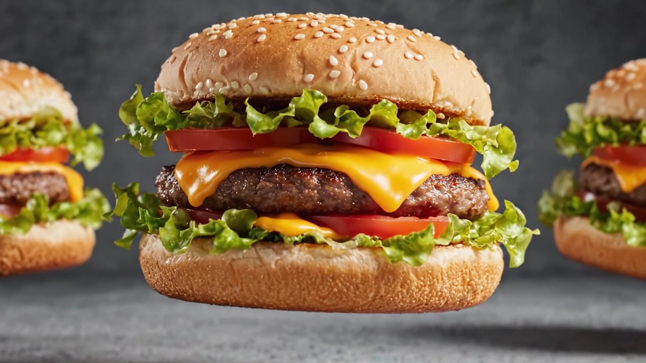 Una deliziosa esposizione di hamburger fluttuanti: una festa visiva accattivante con polpette succose, condimenti freschi e formaggio fuso in una presentazione artistica.