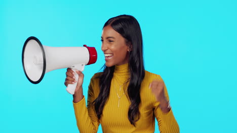 happy, megaphone and shouting with indian woman