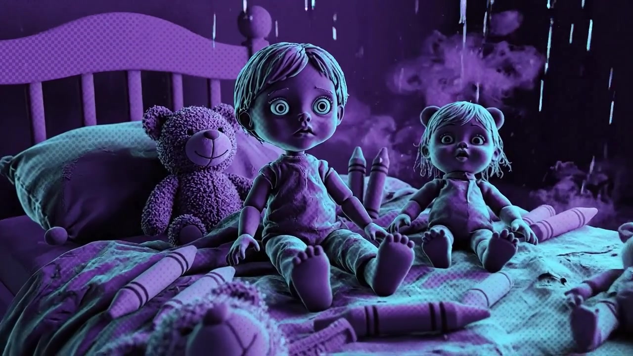 Surrealistyczna scena w pokoju dziecięcym, gdzie animowane zabawki i lalki siedzą pośród fioletowej atmosfery, podczas gdy deszcz tajemniczo pada wewnątrz pokoju.