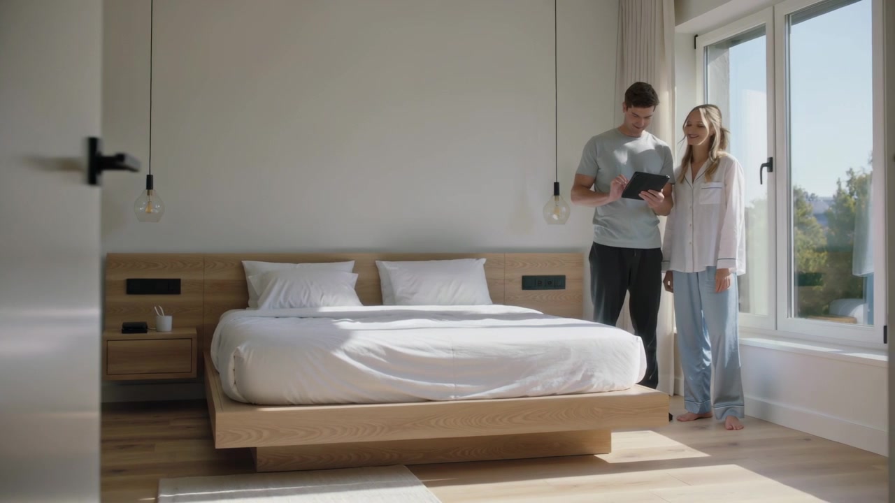 Holding tablet, couple consulting screen near window in bright bedroom in loungewear, copy space