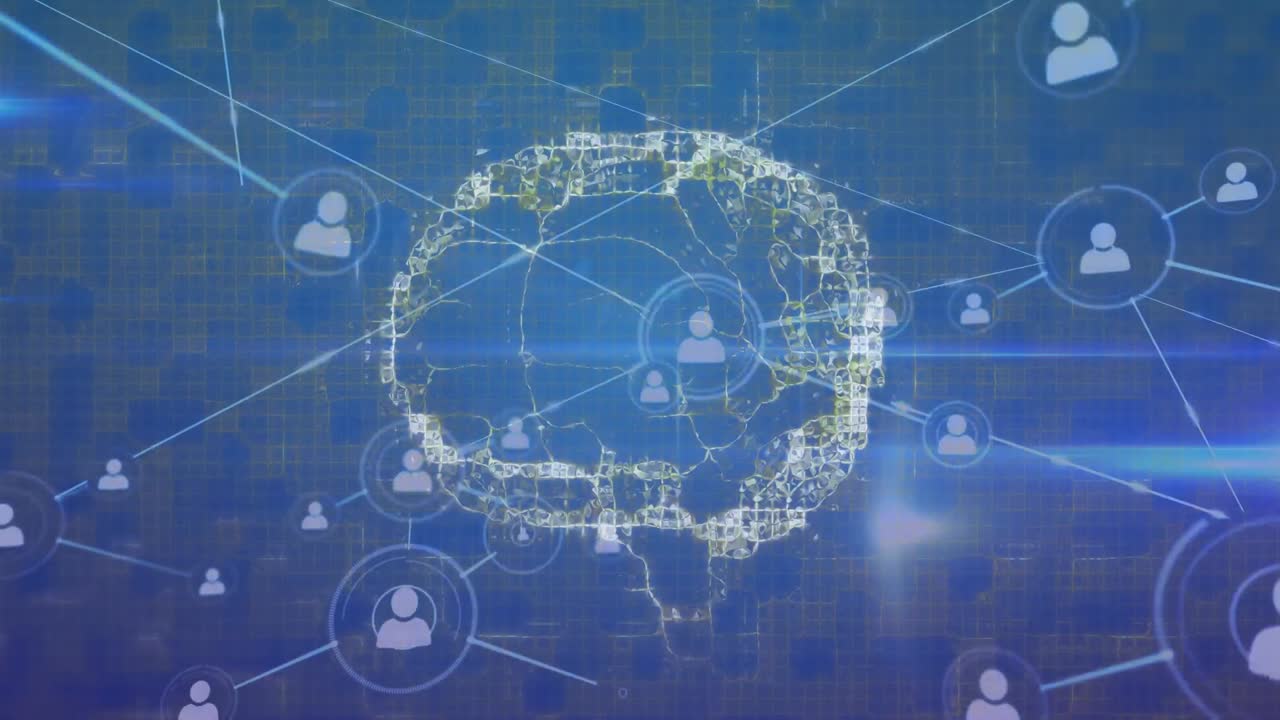 animación en la red de conexiones y el cerebro en fondo azul