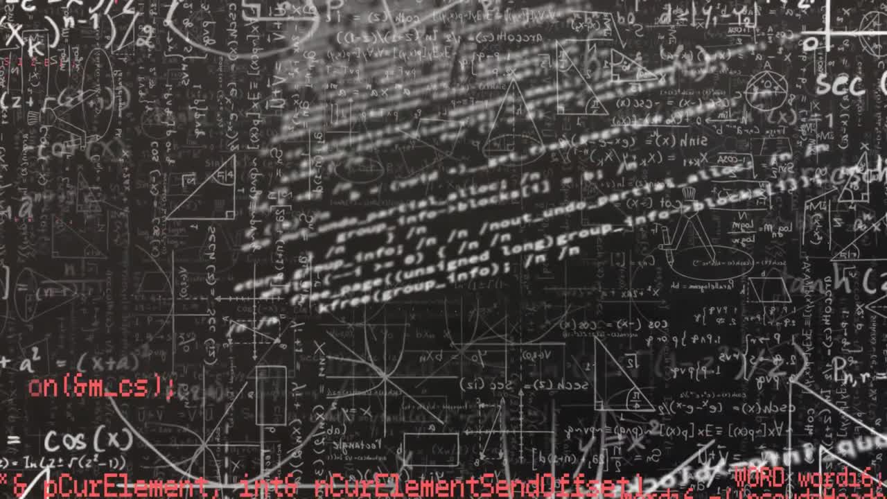 검은 바탕에 수학적 방정식에 대한 데이터 처리의 디지털 애니메이션