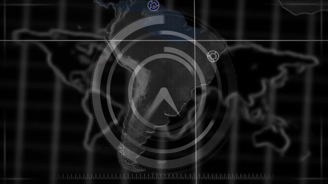 Targeting animation over South America map with radar circles and icons