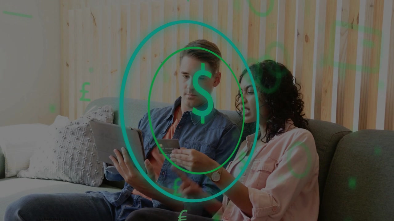 Man holding tablet and woman aligning card initiating finance payment dollar sign overlaying tablet