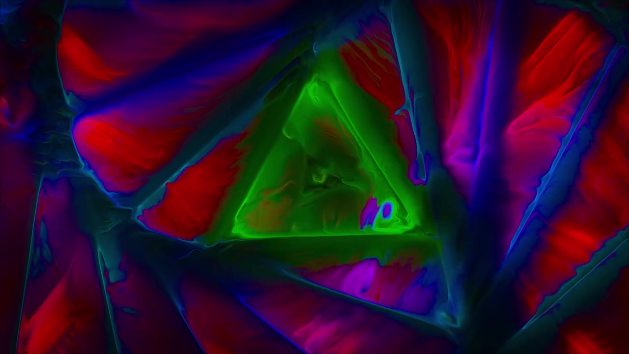 Beautiful abstract multicolored oily paint liquid flow texture. Seamless looped animation with triangular spiral shape moving outwards. Background for projections, clubs, shows, yoga.