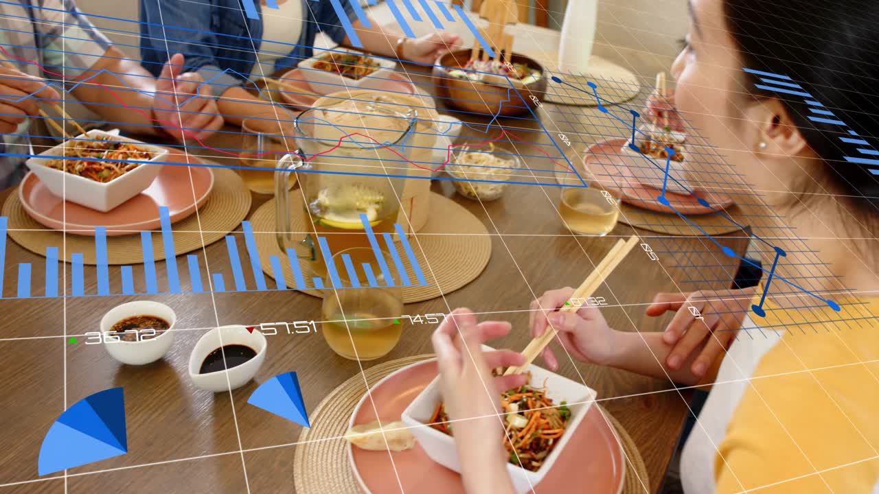 Woman lifting chopstick while camera panning, driving charts, 3D-grid, showing AR to designers