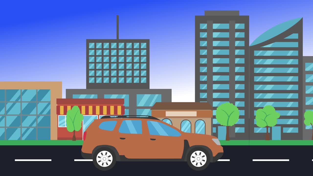 Car driving rides around city side view, loop animation, flat design ...