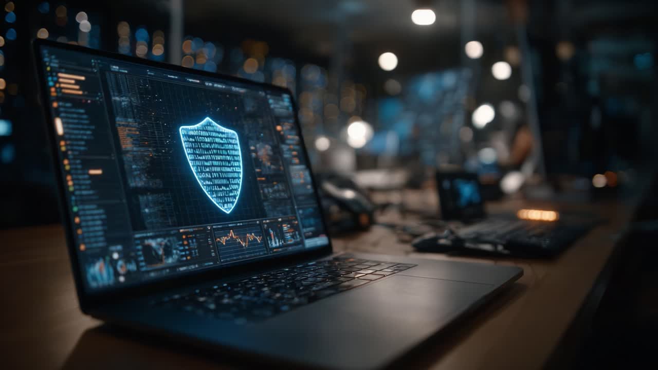 Exploring Cybersecurity Visualization: High-Tech Shield Displayed on Laptop in a Modern Surveillance Environment with Data Insights and Analytics